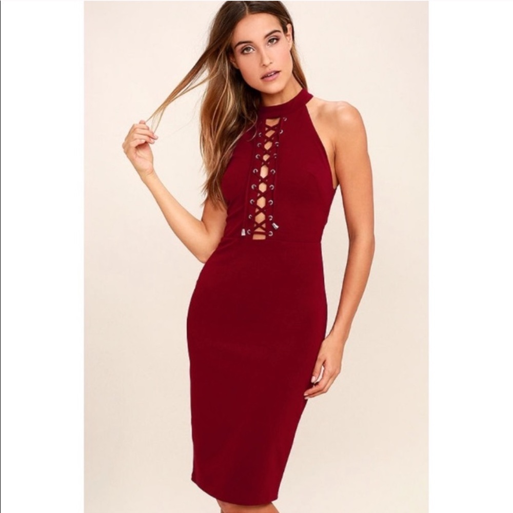 Lulu’s Hold You Tight Red Lace Up Halter Style Body con Midi Dress